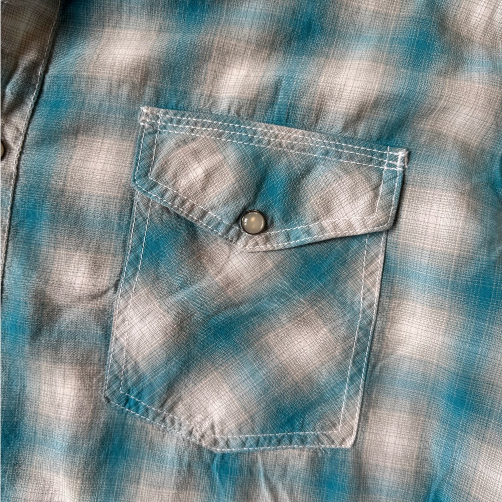 Men's Turquoise‎ Plaid Shirt by J Ferrar. Pearl snaps! XL - Picture 4 of 5
